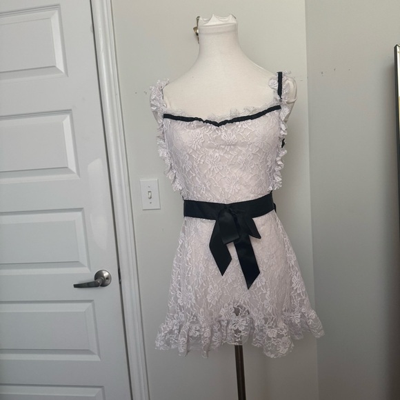 Elegant Lace mini slip Dress with Black Ribbon coquette goth fairy cottage XL - Picture 2 of 6